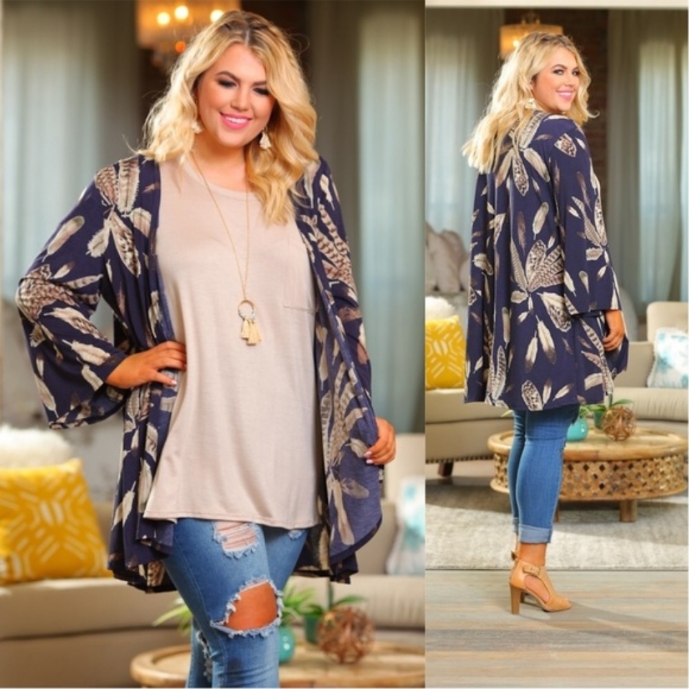 PLUS Navy Boho Feather Print Kimono - Picture 2 of 4